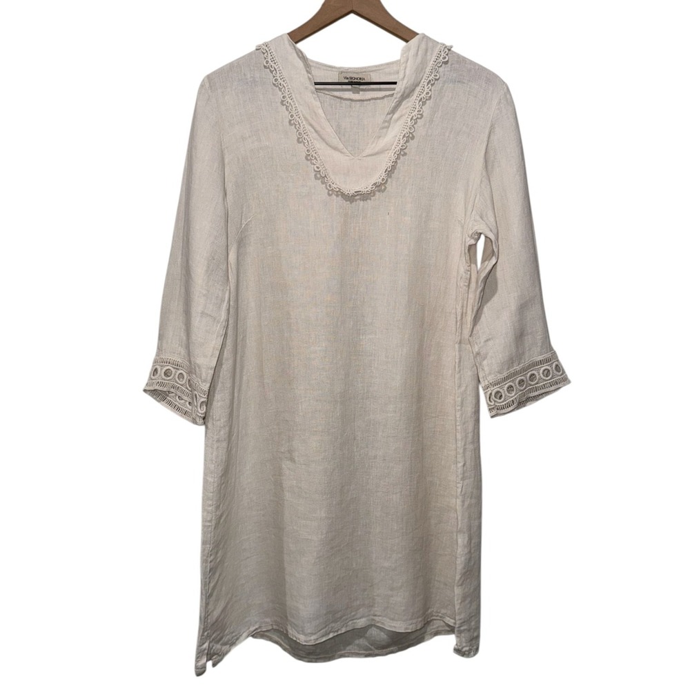 Via Signoria Women 100% Linen Dress Sz M Beige Boho Made Italy Coastal Crochet